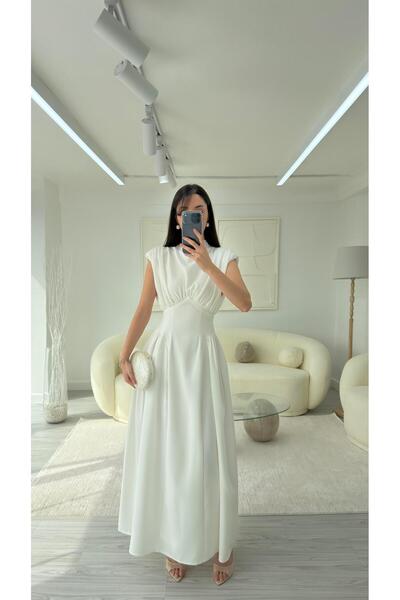 LUUNA STORE فستان بتفاصيل حزام حشوة كتف LI - أبيض