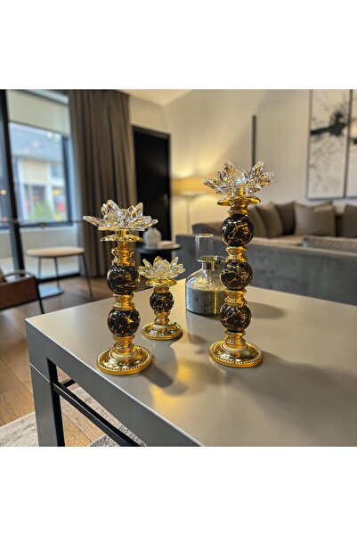 Sleep Nova Lotus Kristal Dekoratif Şamdan Mumluk Gold Siyah Mermer Görünümlü Salon Masa Dekoru