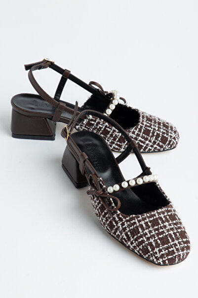 livens Perla Women's Coffee Tweed Fabric Pearl F Bow Detail K Square Toe Bloc...