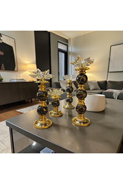 Sleep Nova Lotus Kristal Dekoratif Şamdan Mumluk Gold Siyah Mermer Görünümlü Salon Masa Dekoru