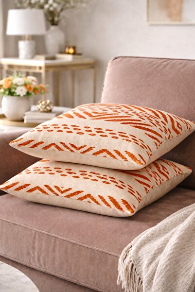 Faralya Life %70 Pamuk %30 Polyester Baskılı Geometrik Desenli 2 li Kırlent Kılıfı 45x45 cm Dekoratif Yastık Kılıfı Modern Salon Dekoru