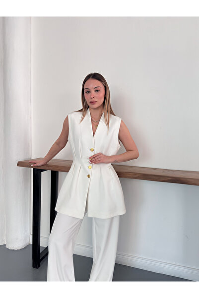 Ekim Store Gold Buttoned Vest Set Trouser Suit with Pencil Pants