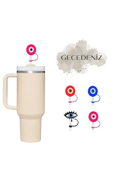 GECEDENİZ Thermos Compatible Straw Stopper Pink Round Evil Eye