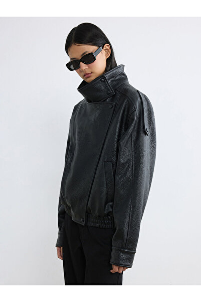 LC Waikiki Peak New Season Mock Neck Oversized Women's Leather-Look Jacket