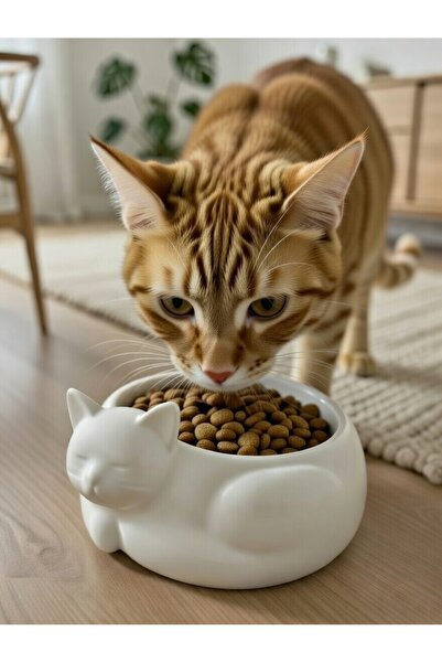 Handmade Kedi Figürlü Mama Kabı - Mat Beyaz Uyku Pozu Tasarım, Evcil Hayvan B...