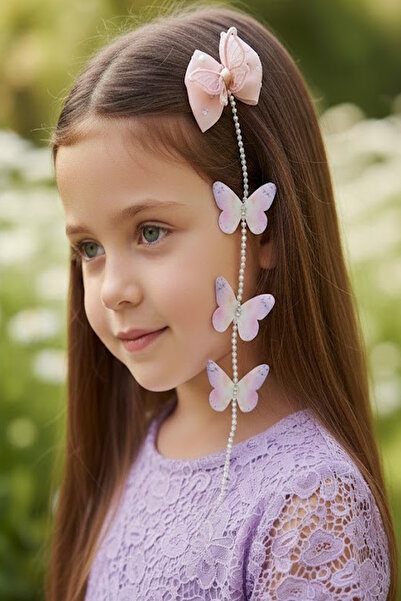 CAŞ DEKORASYON Cataramă laterală pentru copii, culoare somon, cu perle fluture