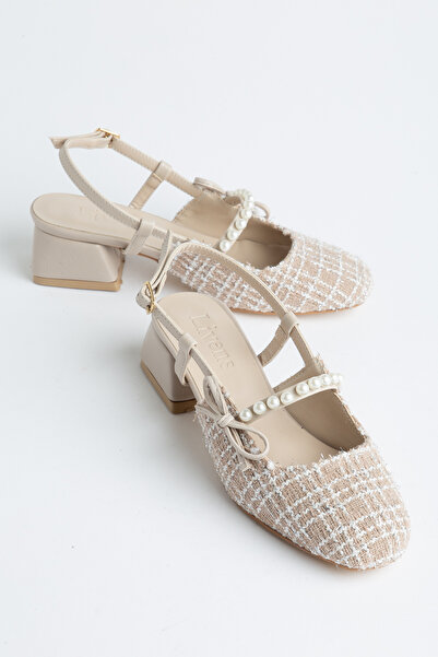 livens Perla Women's Beige Tweed Fabric Pearl F Bow Detail K Square Toe Block...