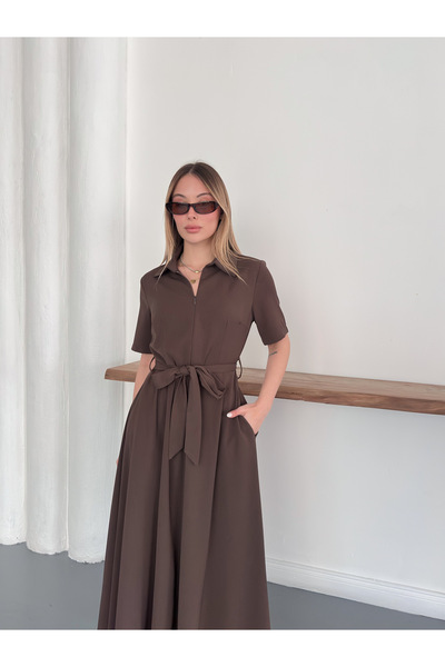 Ekim Store Belted Zippered Pleated Skirt Dress