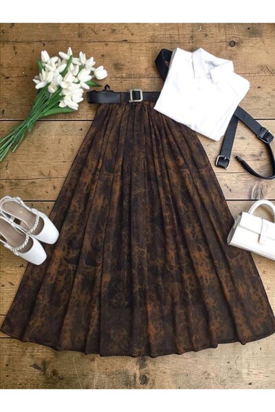 ŞAHİN TESETTÜR GİYİM DUMAN DESENLİ DERİ KEMERLİ BELİ LASTİKLİ ASTARLI ŞİFON E...