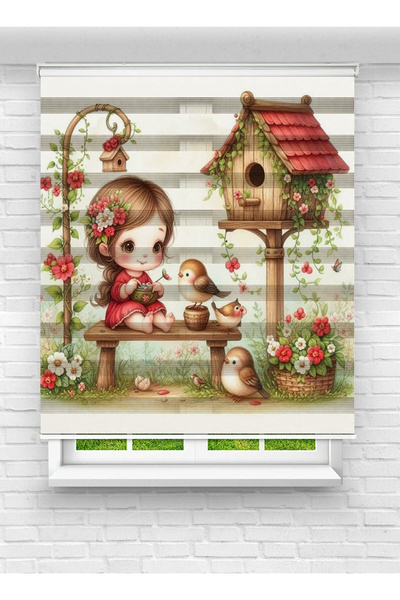 akel collection Sevimli Kız ve Kuş Yuvası Desenli Baskılı Zebra Stor Perde – ...