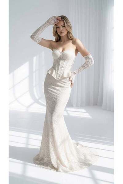 aşkın göksu Kemik Büstiyer Etek Takım Eldiven Kombinli Kadın Abiye