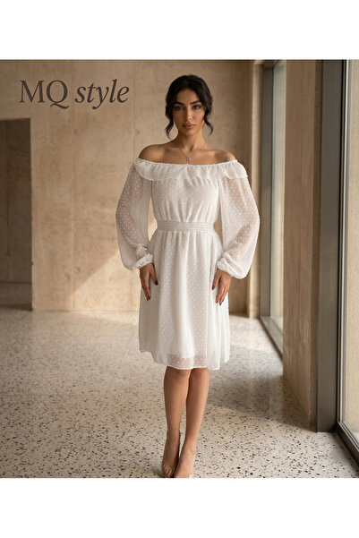 MQ Dotty Chiffon Off-Shoulder Dress – A Touch of Modern Elegance