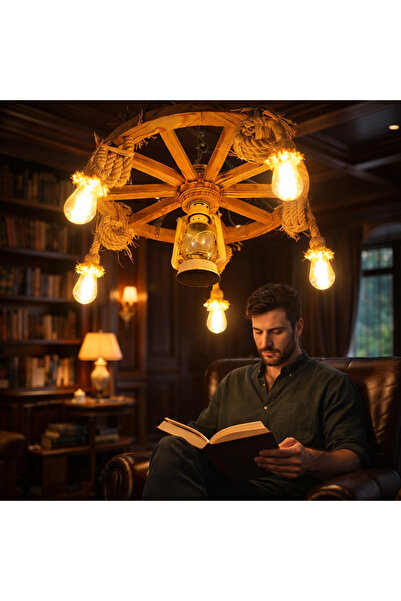Mutluhan Desing Rustik Ahşap Araba Tekerlek Avize Halat Detaylı 6 Ampullü Dek...