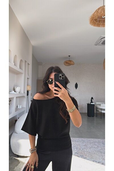 Buket Teke Black Off-Shoulder Short Sleeve Modal Blouse