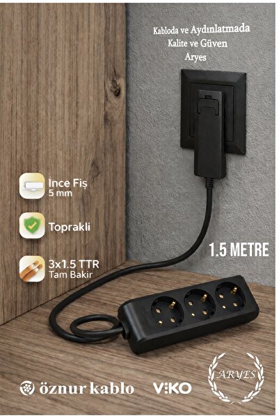 3-Piece Black Socket 1.5m Thin Plug Extension Cable 100% Copper Cable Use Behind Furniture