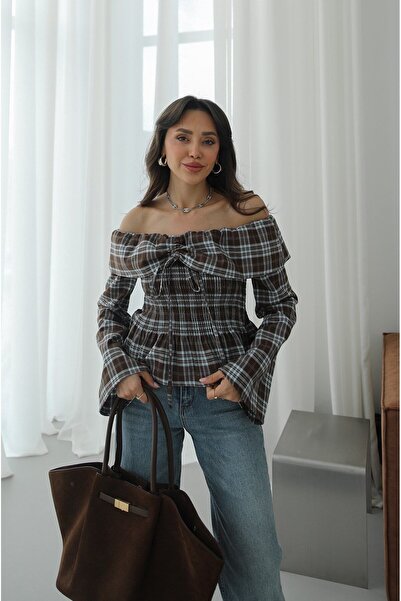 Havoş Brown Strapless Blouse with Flywheel Detail Plaid