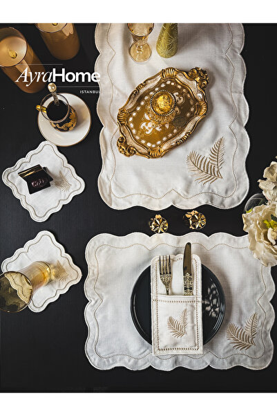 Ayra Home 19 Parça 6 Kişilik Altın Yaprak Nakışlı Amerikan Servis Takımı