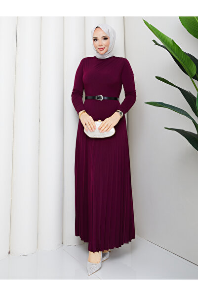 TOKARİS TEKSTİL Women's Draped Ruched Pleated Belt Piece Hijab Dress