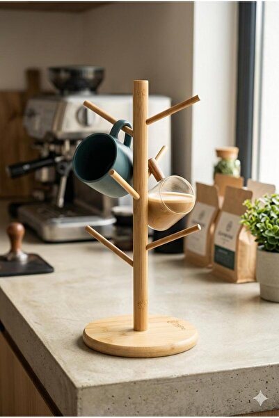 Homerest Bamboo Mug Hangers 35 cm with 6 Hooks Modern Cup Stand Coffee Corner...