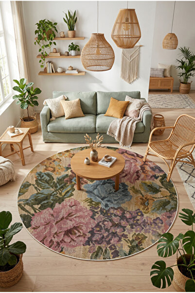 AIDA HOME Moles Çiçekli Şönil Doğal Pamuk Tabanlı Yuvarlak Salon Halısı Kayma...