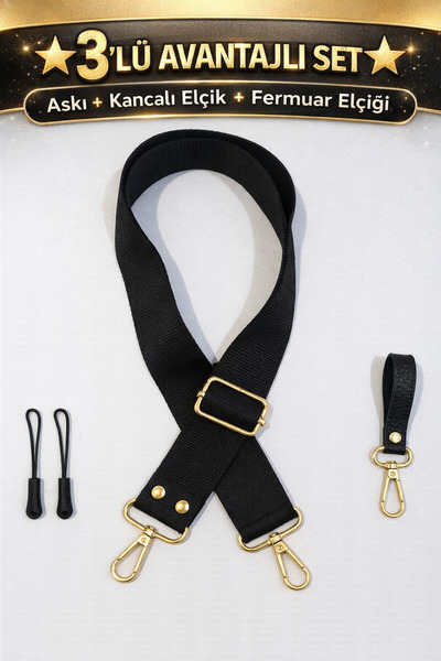 Anatolia Black Bag Strap with Gold Detail + Hook with Gold Detail + 2 Black Z...