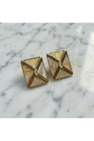 GAMBU Gold Color Cross Detailed Marbled Patterned Geometric Women's Earrings