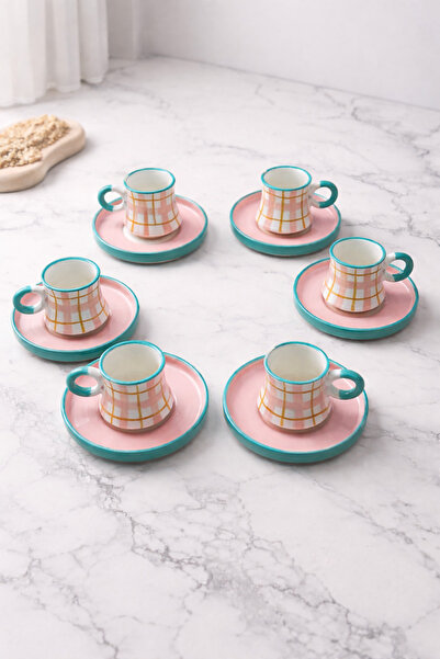 Ceramillion Pastel Retro Ekose Desenli 6 Kişilik Renkli Türk Kahvesi Fincan T...