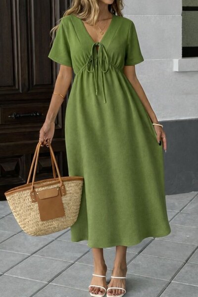 COjans فستان نسائي من قماش إيروبين بتفاصيل حبلية وياقة على شكل V