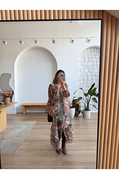 ALVOR فستان بوهيم منقوش بفتحة رقبة على شكل V مكشكش من الشيفون