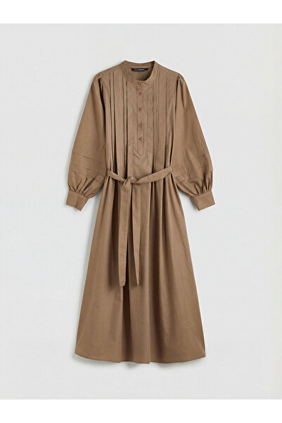 LC Waikiki LCW EVERYDAY Πράσινο φόρεμα ποπλίνα με γιακά και ζώνη