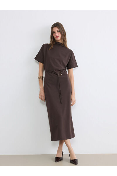 LC Waikiki LCWAIKIKI Κλασικό Καφέ Φόρεμα με Όρθιο Γιακά και Ζώνη, Απαλής Υφής