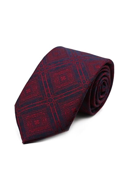 Sade Kravat بورجوندي كحلي غامق بنقش مربعات قماش منقش ربطة عنق 33264 بورجوندي