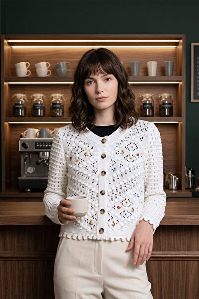 MODAQU Floral Embroidery Detailed Pompom Short Cardigan - Ecru