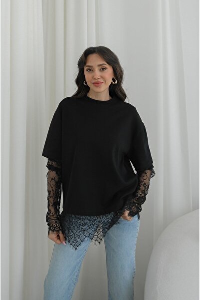 Havoş Μαύρο μπλουζάκι με δαντέλα στο τελείωμα της φούστας και στα μανίκια