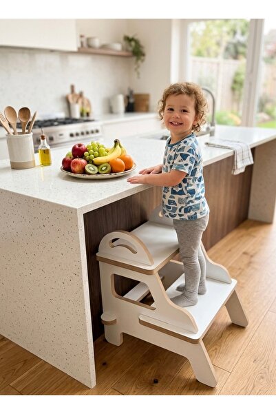 WOODEN MAN Çok Amaçlı Beyaz Basamak Tabure | Öğrenme Kulesi (Montessori) 3+ Y...
