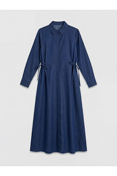 LC Waikiki LCW Modest Indigo Πουκάμισο με γιακά και κορδόνια στη μέση, τζιν φ...