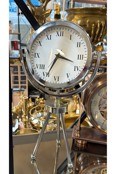 Riyes Tasarım Gümüş Tripod Ayaklı Dekoratif Masa Saati – Vintage Roma Rakamlı...