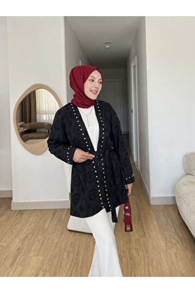 MODİVA MİX Kuşaklı Nakış Detaylı Kimono Ceket - Tesettüre de Uygun