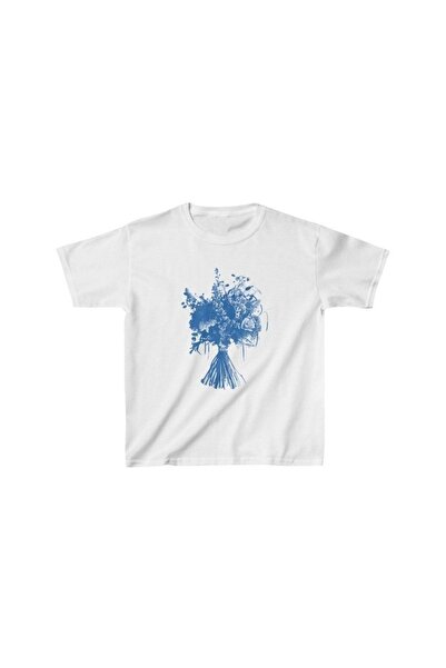 Violon White Blue Flower Bouquet Printed T-Shirt