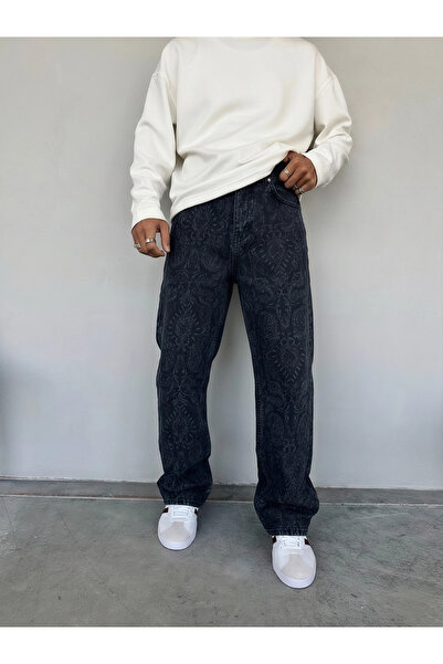 Wonraces Men's Baggy Laser Print Patterned Jean Denim Trousers