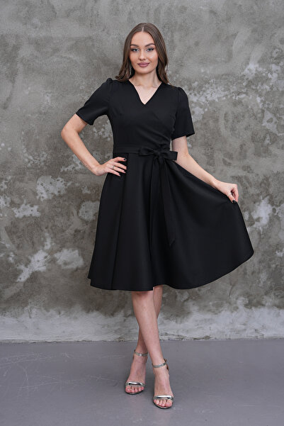MAG FASHİON Short Sleeve Black Evening Dress Graduation Dress Skirt Flared Do...