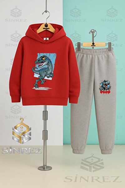 SİNREZ Children's Unisex Dinosaur Turquoise Canvas Hooded Tracksuit Set