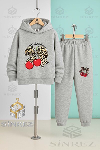 SİNREZ Children's Unisex Cherry Leopard Kurdale Cherry Yazi Hooded Tracksuit Set