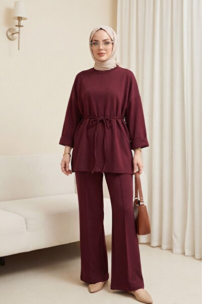 Modamorfo Slit Drawstring Waist Sleeveless Folded Pants Suit -Burgundy