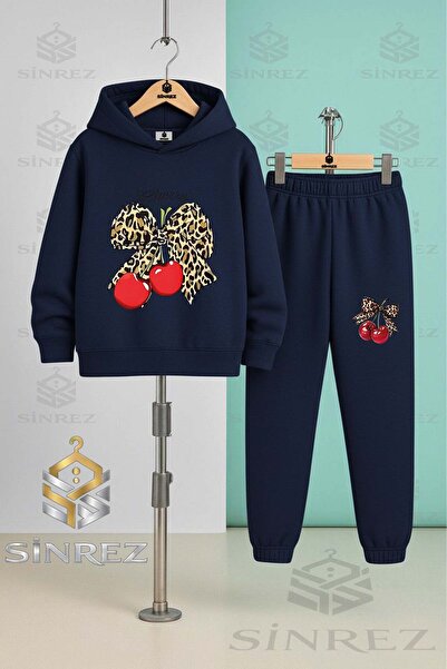 SİNREZ Children's Unisex Cherry Leopard Kurdale Cherry Yazi Hooded Tracksuit Set