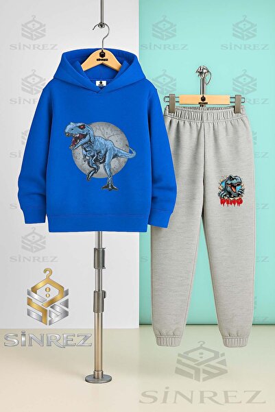 SİNREZ Children's Unisex Dinosaur Blue Circle Hooded Tracksuit Set