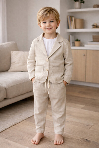 ues Beige Linen Look Boys' Suit