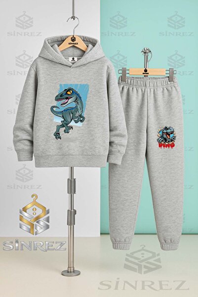 SİNREZ Children's Unisex Dinosaur Turquoise Canvas Hooded Tracksuit Set