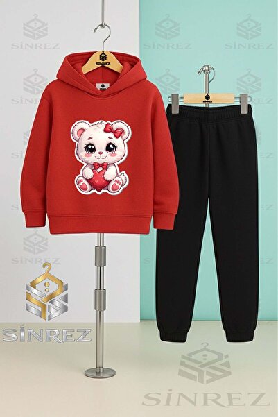 SİNREZ Children's Unisex Cat Cute Heart Pink Hooded Tracksuit Set