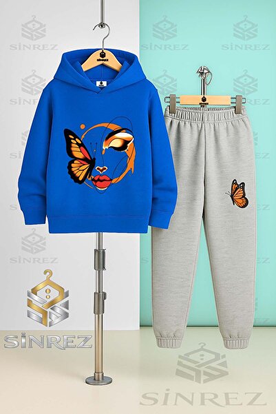 SİNREZ Children's Unisex Butterfly Girl on Face Hooded Tracksuit Set